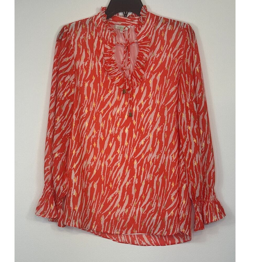 Jade Orange Cream Animal Print Metallic Gold Tie Neck Flowy Ruffle Blouse